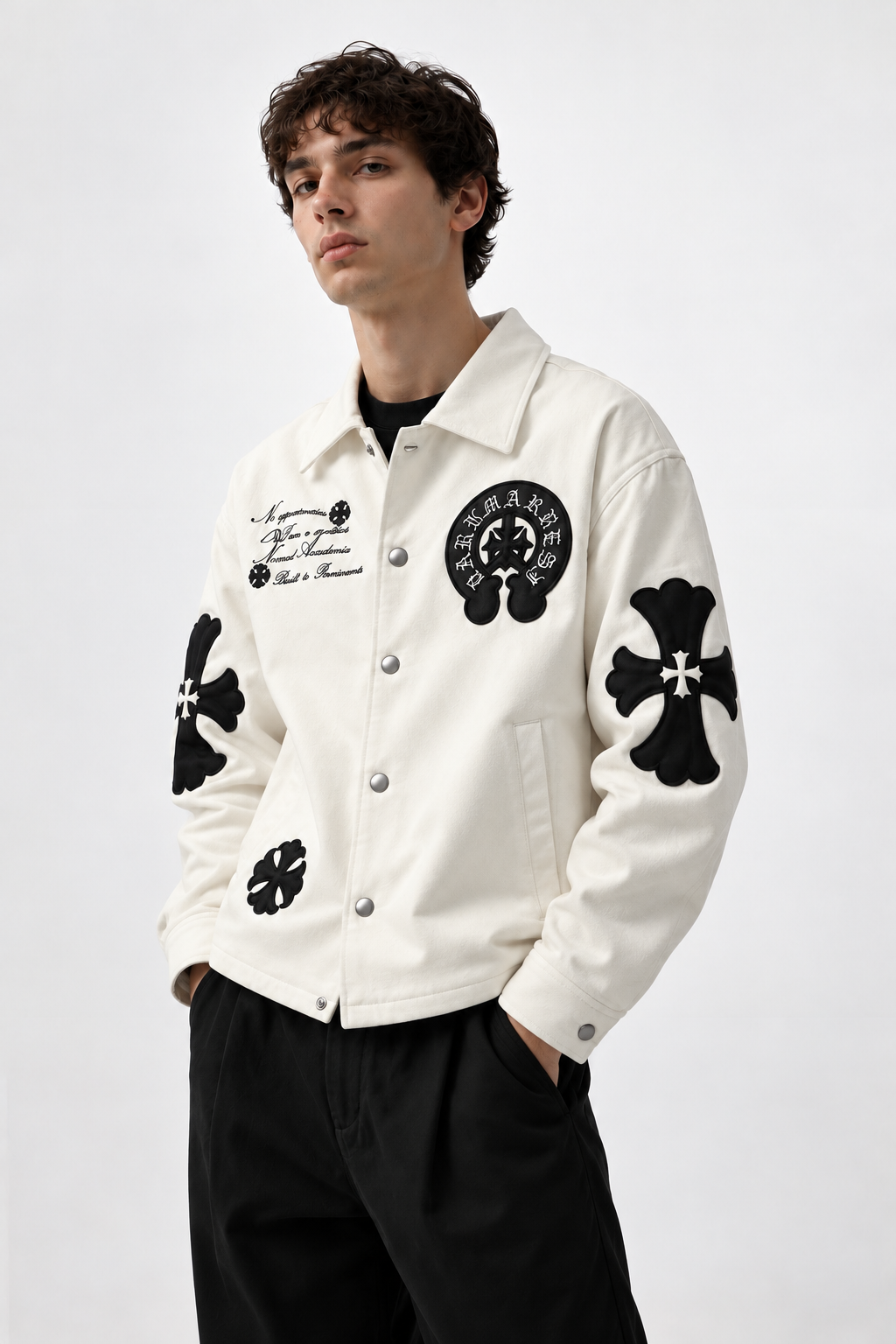 Close-up front angle of male model highlighting the polished silver snap buttons and gothic chest embroidery on the cream leather trucker jacket