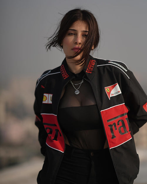 Edin Rose Wear Gigavibe Black Ferrari F1 Vintage Jacket front view – printed design by Gigavibe