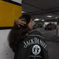 Back design of Jack Daniels embroidered jacket with Old No.7 logo, vintage racing embroidery, and Gigavibe branding.