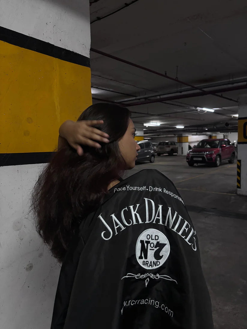 Back design of Jack Daniels embroidered jacket with Old No.7 logo, vintage racing embroidery, and Gigavibe branding.