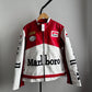 Marlboro F1 leather jacket front view with Michelin and Arai sponsor patches on red and white design