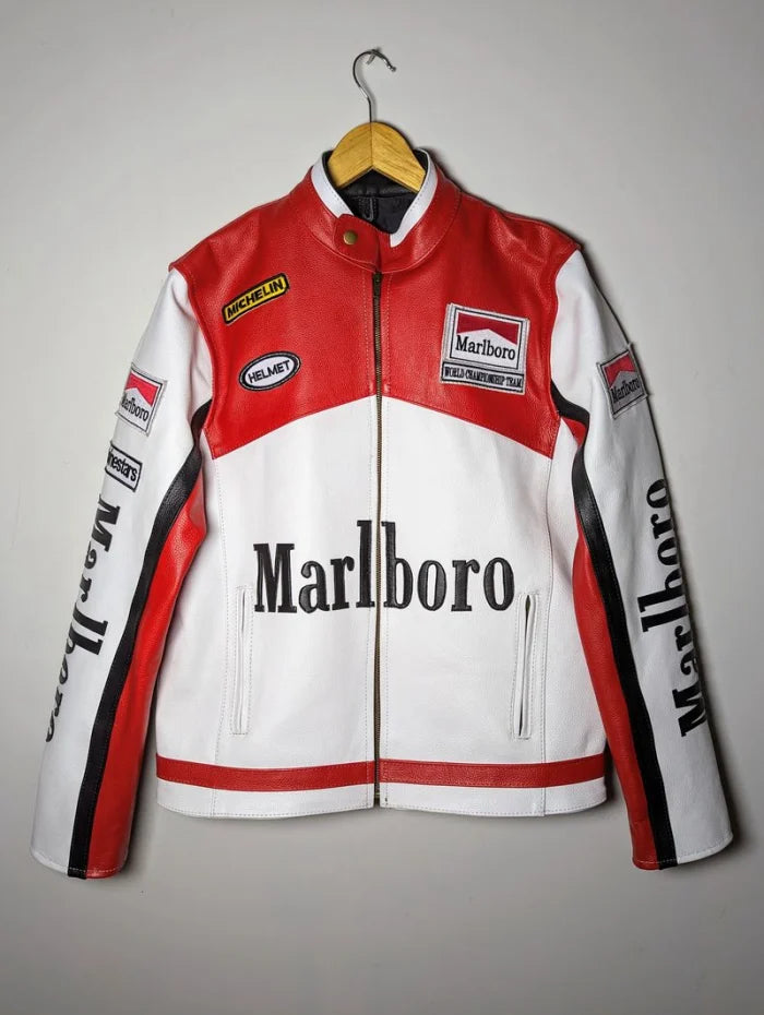 Marlboro leather jacket full front view showing center zipper, multiple pockets, and racing Embroidered patches