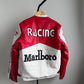 Marlboro racing leather jacket back view showing Racing text and Marlboro branding in red and white