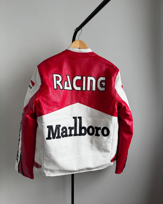 Marlboro racing leather jacket back view showing Racing text and Marlboro branding in red and white