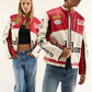 Two people wearing red and white Marlboro racing jacket branded jackets on a white background