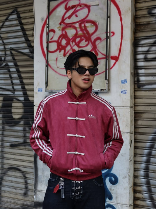 Maroon Adidas CNY jacket men women India vegan suede Chinese New Year collection Gigavibe original