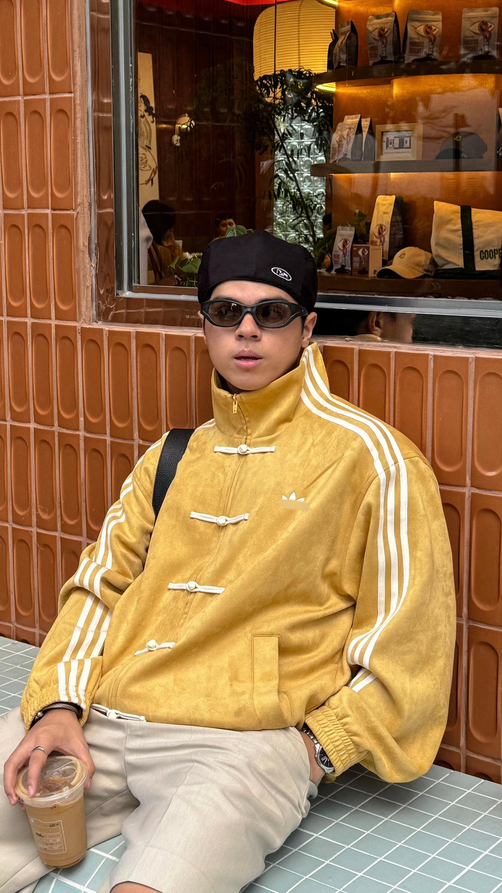 Mustard Yellow CNY jacket model wearing streetwear style premium vegan suede Adidas alternative men women Gigavibe
