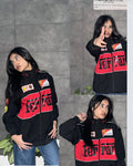Collage of female model wearing the oversized Black Ferrari vintage racing windbreaker jacket at Gigavibe India. Showcases the lightweight drop-shoulder aesthetic and classic F1 streetwear fit.