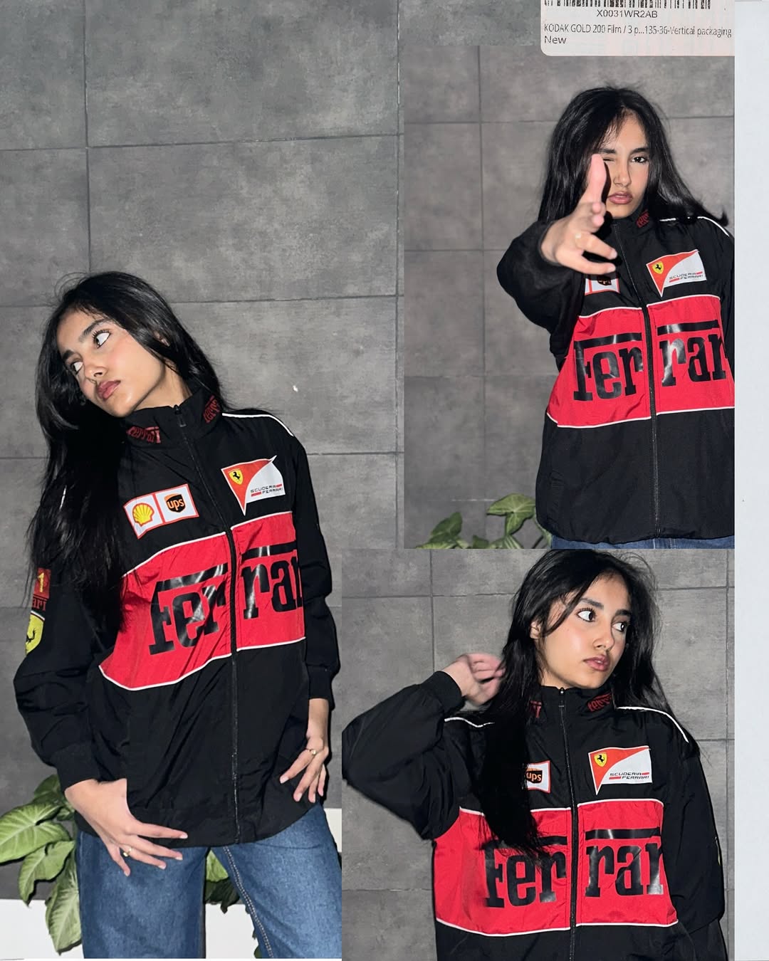 Collage of female model wearing the oversized Black Ferrari vintage racing windbreaker jacket at Gigavibe India. Showcases the lightweight drop-shoulder aesthetic and classic F1 streetwear fit.