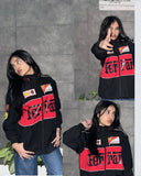 Collage of female model wearing the oversized Black Ferrari vintage racing windbreaker jacket at Gigavibe India. Showcases the lightweight drop-shoulder aesthetic and classic F1 streetwear fit.