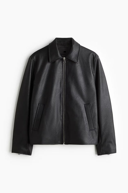 Direct front view of the Premium Unisex Black Boxy Leather Jacket in a matte finish at Gigavibe. Demonstrates the extreme wide-cut garment geometry, stealth silver front zipper, and the classic boxy proportions essential for modern streetwear fashion in India.