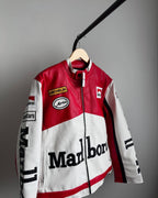 Vintage Marlboro leather jacket showing authentic racing sponsor patches including Michelin and Arai