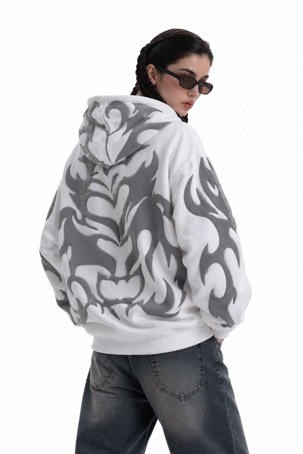 Back side shot of the white Gigavibe hoodie, focusing on the tactile 3D puff print shadows layered on the heavy fabric