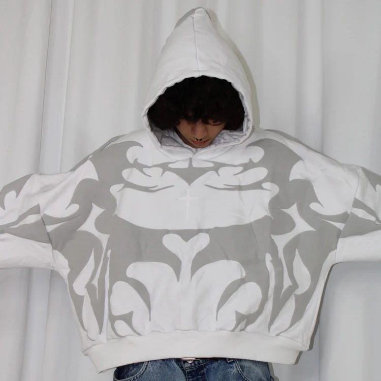 Model wearing white depth hoodie unisex streetwear style