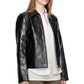 Angled 3/4 front view of the Y2K bikercore aesthetic black bomber. Highlights the wide structured shoulders, the clean pointed moto collar, and the total absence of loud branding for a truly clean aesthetic black jacket.